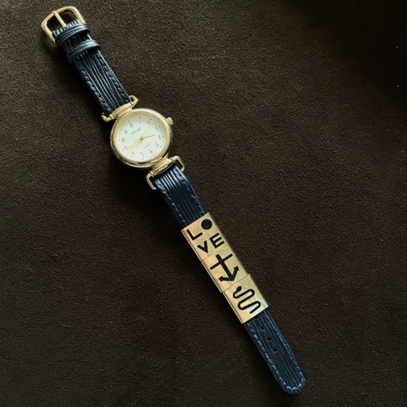 NEW VINTAGE 60\'s Hippie Chic Boho Watch Polished Gold Leather Indigo Blue Jeans main image 6